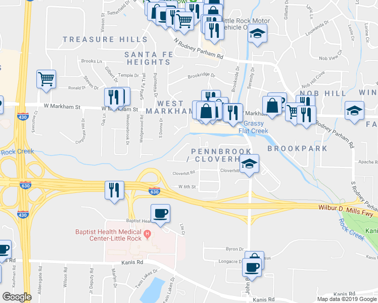 map of restaurants, bars, coffee shops, grocery stores, and more near 205 Dryad Lane in Little Rock