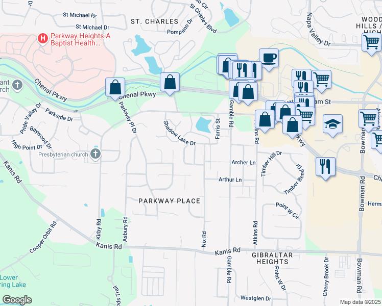 map of restaurants, bars, coffee shops, grocery stores, and more near 315 Shadow View Drive in Little Rock