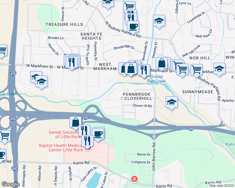 map of restaurants, bars, coffee shops, grocery stores, and more near 205 Dryad Lane in Little Rock