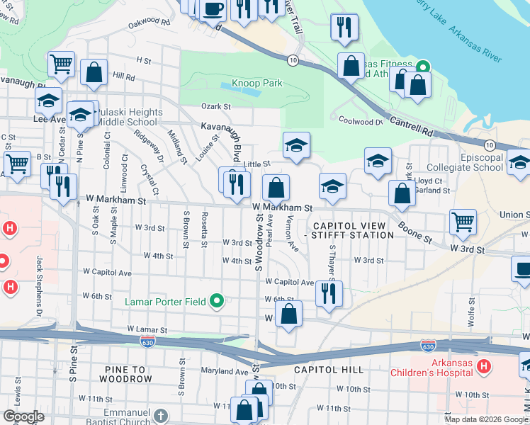 map of restaurants, bars, coffee shops, grocery stores, and more near 102 South Woodrow Street in Little Rock