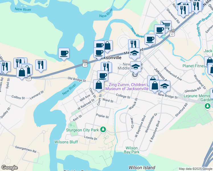 map of restaurants, bars, coffee shops, grocery stores, and more near 622 Court Street in Jacksonville