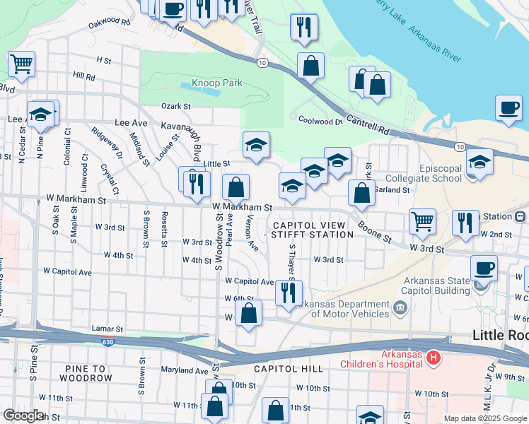 map of restaurants, bars, coffee shops, grocery stores, and more near 2601 West Markham Street in Little Rock