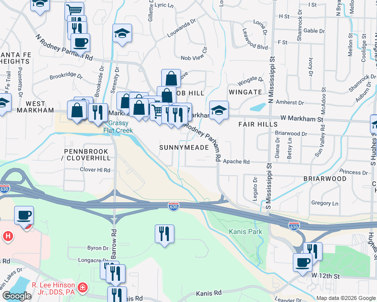map of restaurants, bars, coffee shops, grocery stores, and more near 411 Sunnymeade Drive in Little Rock