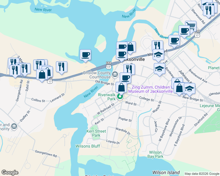 map of restaurants, bars, coffee shops, grocery stores, and more near 501 Anne Street in Jacksonville