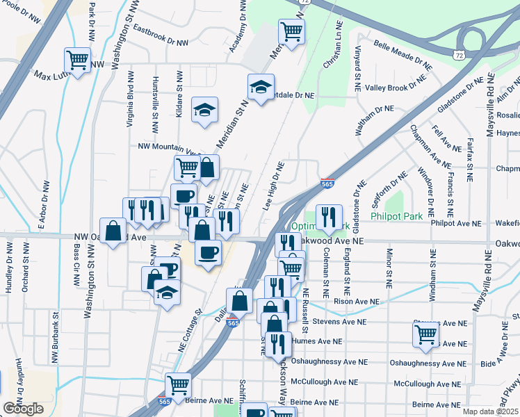 map of restaurants, bars, coffee shops, grocery stores, and more near 2017 Lee High Drive Northeast in Huntsville