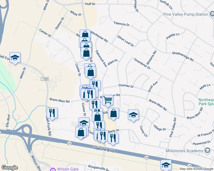 map of restaurants, bars, coffee shops, grocery stores, and more near 303 Thomas Drive in Jacksonville