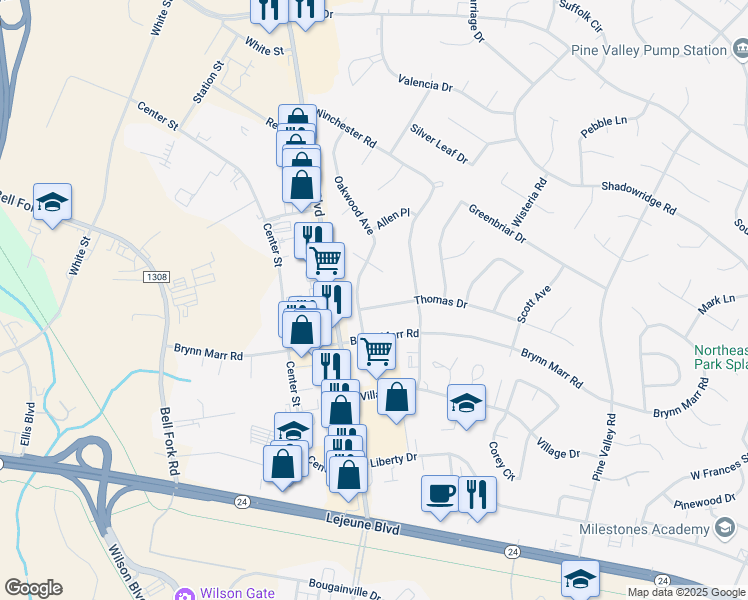 map of restaurants, bars, coffee shops, grocery stores, and more near 301-303 Thomas Drive in Jacksonville