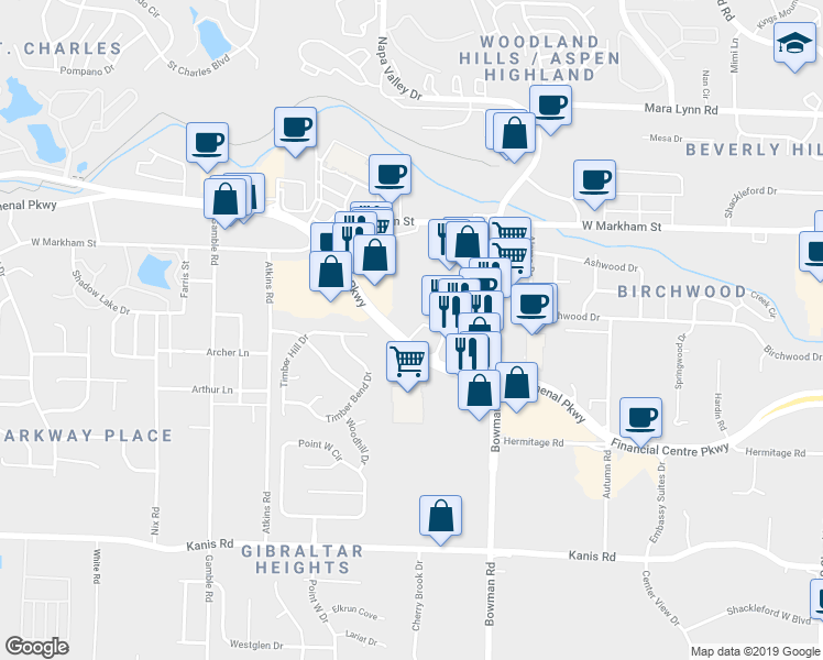 map of restaurants, bars, coffee shops, grocery stores, and more near 12300 Chenal Parkway in Little Rock