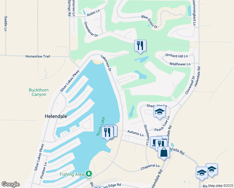 map of restaurants, bars, coffee shops, grocery stores, and more near 27470 Lakeview Drive in Helendale