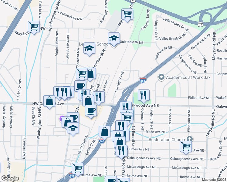 map of restaurants, bars, coffee shops, grocery stores, and more near 2017 Lee High Drive Northeast in Huntsville