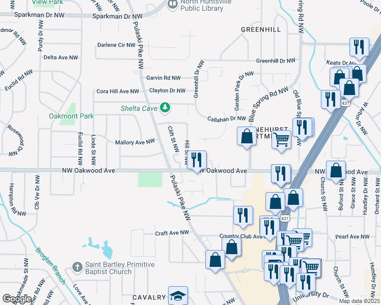 map of restaurants, bars, coffee shops, grocery stores, and more near 2416 Pulaski Pike Northwest in Huntsville