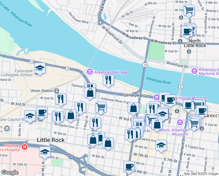 map of restaurants, bars, coffee shops, grocery stores, and more near in Little Rock