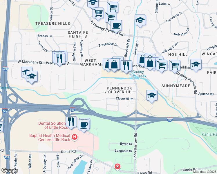 map of restaurants, bars, coffee shops, grocery stores, and more near 8 Cynthia Circle in Little Rock
