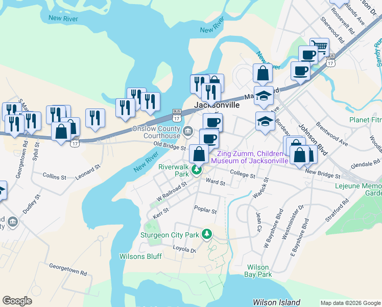 map of restaurants, bars, coffee shops, grocery stores, and more near 501 Anne Street in Jacksonville