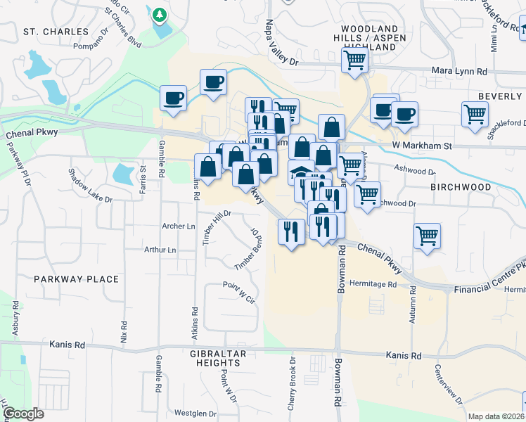 map of restaurants, bars, coffee shops, grocery stores, and more near 12602 Timber Hill Drive in Little Rock