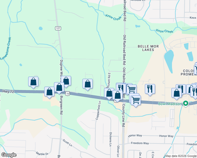 map of restaurants, bars, coffee shops, grocery stores, and more near 13475 Hatchett Road West in Madison