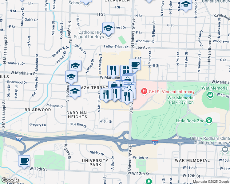 map of restaurants, bars, coffee shops, grocery stores, and more near 308 South University Avenue in Little Rock