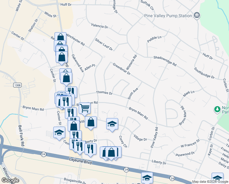 map of restaurants, bars, coffee shops, grocery stores, and more near 413 Thomas Drive in Jacksonville