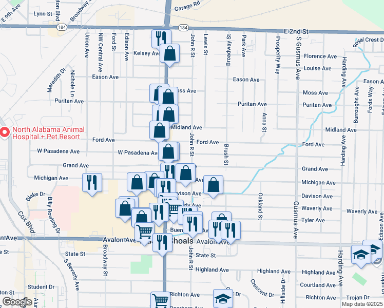 map of restaurants, bars, coffee shops, grocery stores, and more near 700 Pasadena Avenue in Muscle Shoals