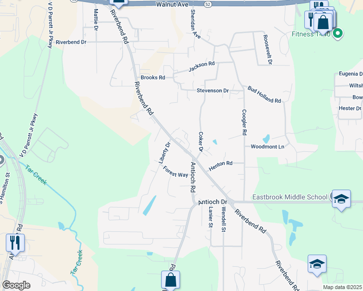 map of restaurants, bars, coffee shops, grocery stores, and more near 1132-1150 Riverbend Road in Dalton