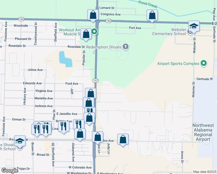 map of restaurants, bars, coffee shops, grocery stores, and more near 137-299 Elliott Avenue in Muscle Shoals