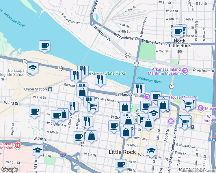 map of restaurants, bars, coffee shops, grocery stores, and more near 800 Hunter Hill Road in Little Rock