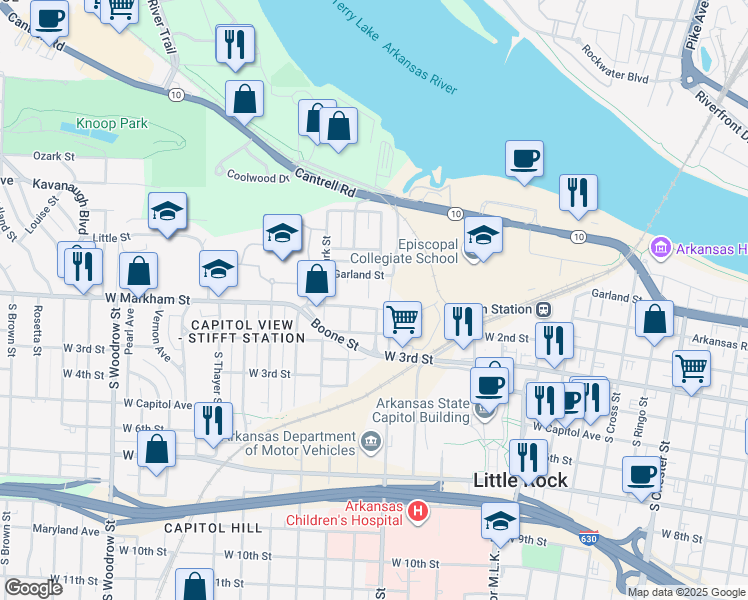 map of restaurants, bars, coffee shops, grocery stores, and more near 101 South Schiller Street in Little Rock