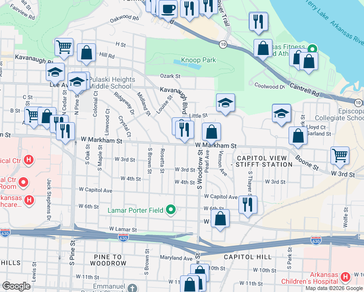 map of restaurants, bars, coffee shops, grocery stores, and more near 3009 West Markham Street in Little Rock