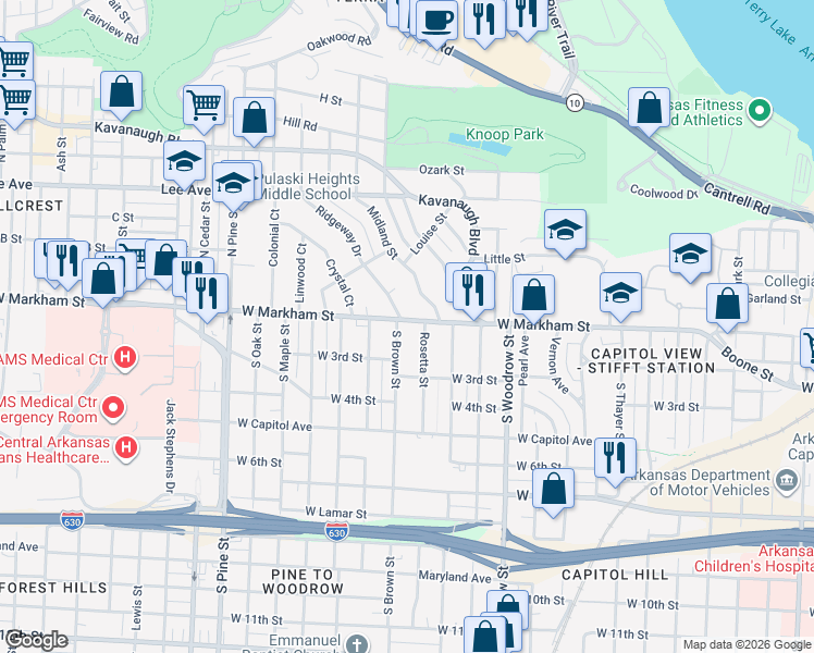 map of restaurants, bars, coffee shops, grocery stores, and more near 110 South Brown Street in Little Rock