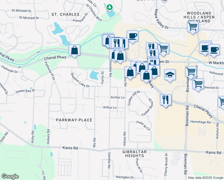 map of restaurants, bars, coffee shops, grocery stores, and more near 401 Gamble Road in Little Rock