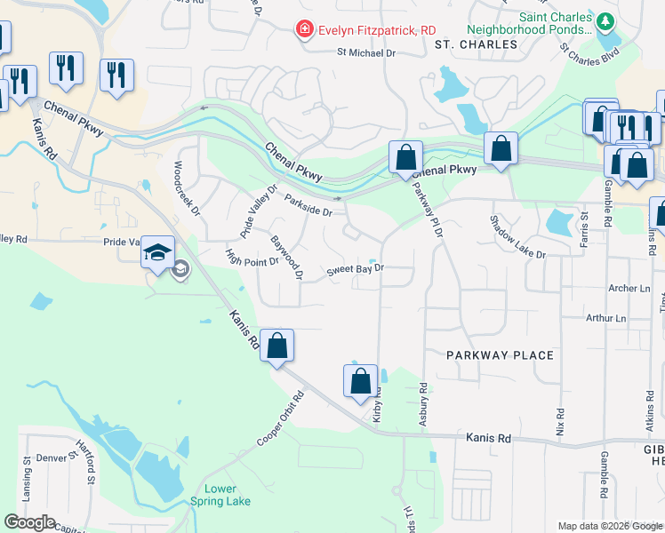 map of restaurants, bars, coffee shops, grocery stores, and more near 5 South Sweet Bay Court in Little Rock