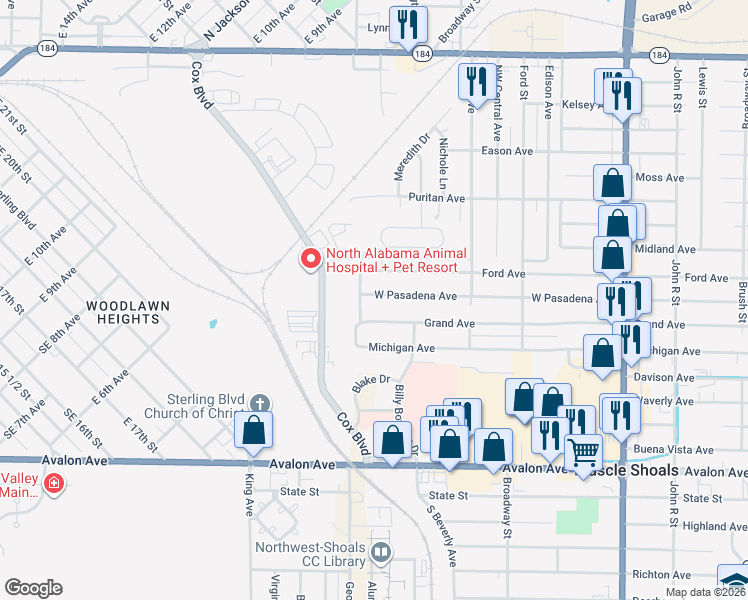 map of restaurants, bars, coffee shops, grocery stores, and more near 101-151 Grand Ave in Muscle Shoals