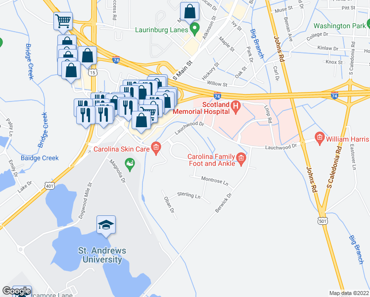 map of restaurants, bars, coffee shops, grocery stores, and more near 1601 Sherbrooke Circle in Laurinburg