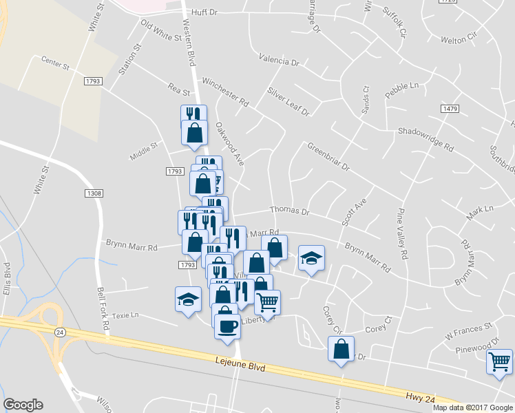 map of restaurants, bars, coffee shops, grocery stores, and more near 309 Thomas Drive in Jacksonville