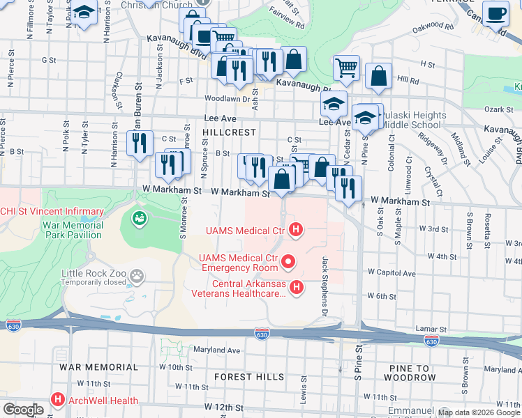 map of restaurants, bars, coffee shops, grocery stores, and more near 4313 West Markham Street in Little Rock