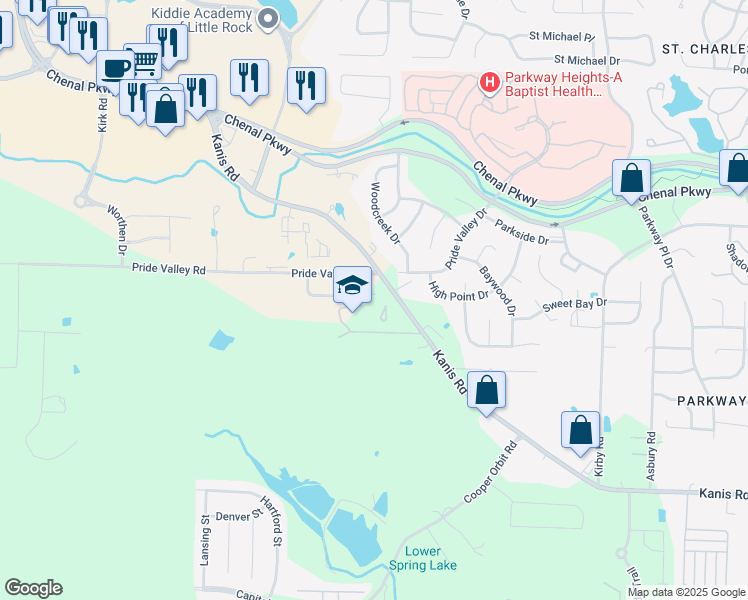 map of restaurants, bars, coffee shops, grocery stores, and more near 40 Kanis Creek Place in Little Rock