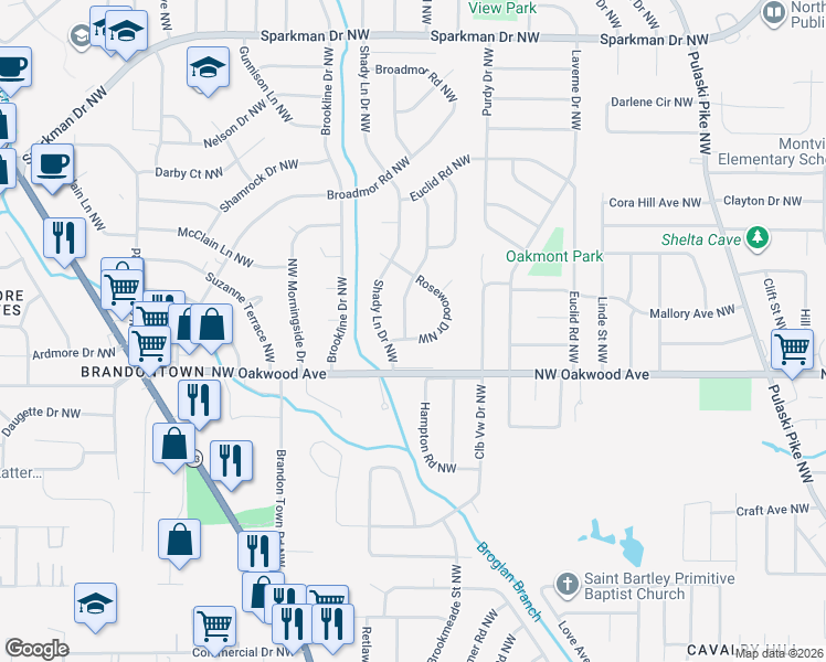 map of restaurants, bars, coffee shops, grocery stores, and more near 2006 Rosewood Drive Northwest in Huntsville