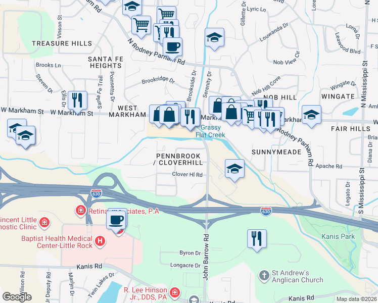 map of restaurants, bars, coffee shops, grocery stores, and more near 8905 Fair Haven Road in Little Rock