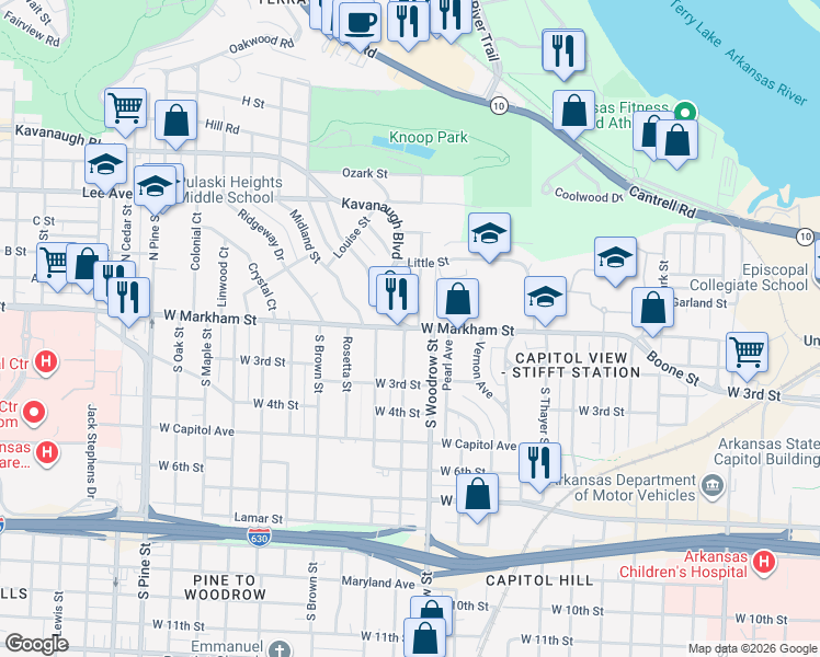 map of restaurants, bars, coffee shops, grocery stores, and more near West Markham Street & Kavanaugh Boulevard in Little Rock