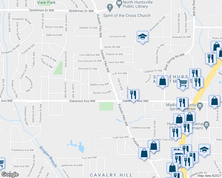 map of restaurants, bars, coffee shops, grocery stores, and more near 2704 Norton Avenue Northwest in Huntsville