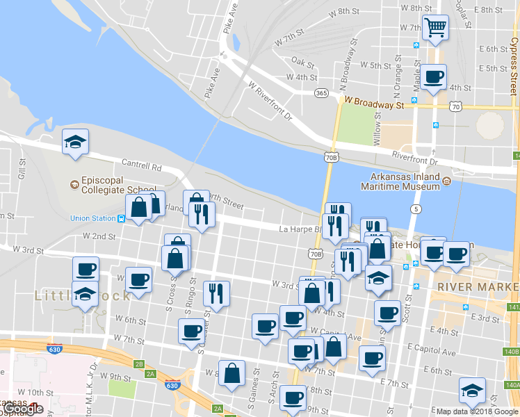 map of restaurants, bars, coffee shops, grocery stores, and more near 201299 North State Street in Little Rock