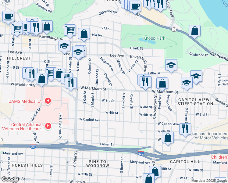 map of restaurants, bars, coffee shops, grocery stores, and more near 117 Valmar Street in Little Rock