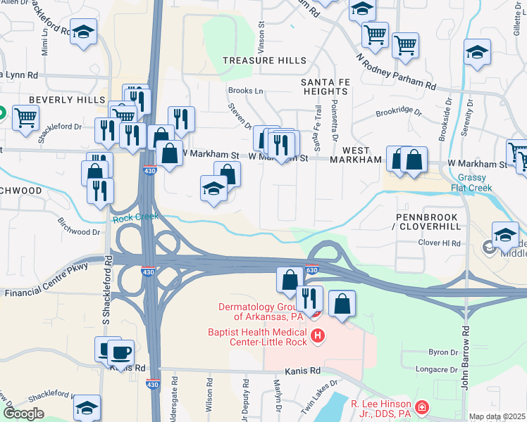 map of restaurants, bars, coffee shops, grocery stores, and more near 406 Oak Lane in Little Rock