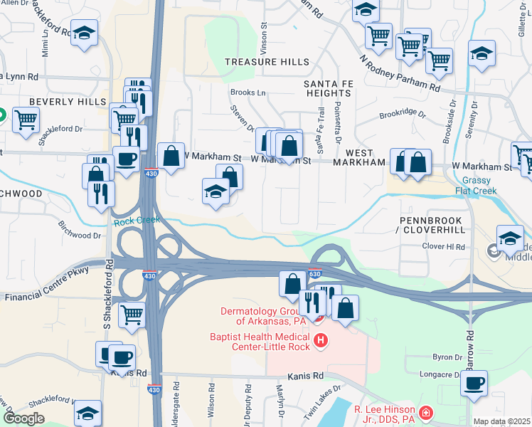 map of restaurants, bars, coffee shops, grocery stores, and more near 406 Oak Lane in Little Rock