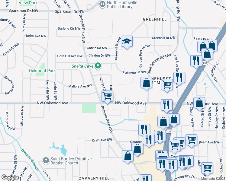 map of restaurants, bars, coffee shops, grocery stores, and more near 2416 Pulaski Pike Northwest in Huntsville