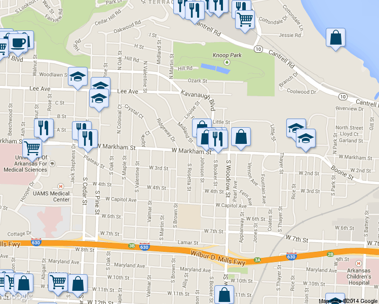 map of restaurants, bars, coffee shops, grocery stores, and more near 104 S Rosetta St in Little Rock