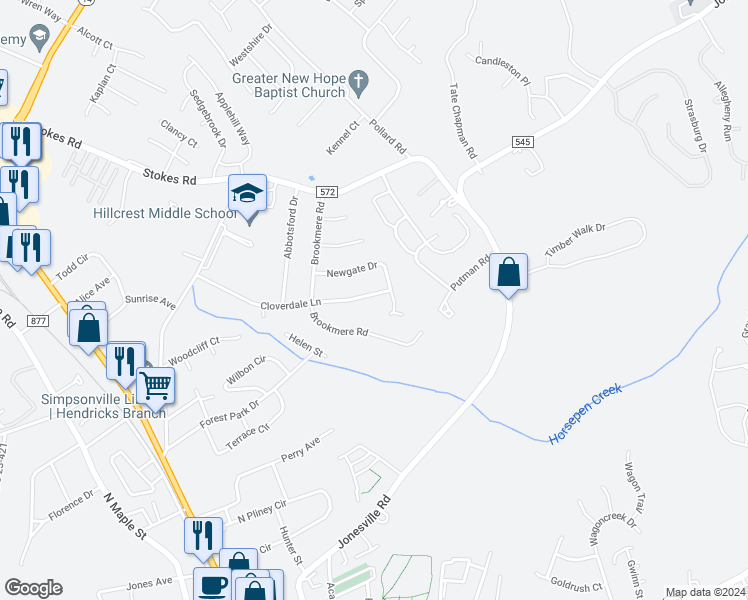 map of restaurants, bars, coffee shops, grocery stores, and more near 418 Cloverdale Lane in Simpsonville