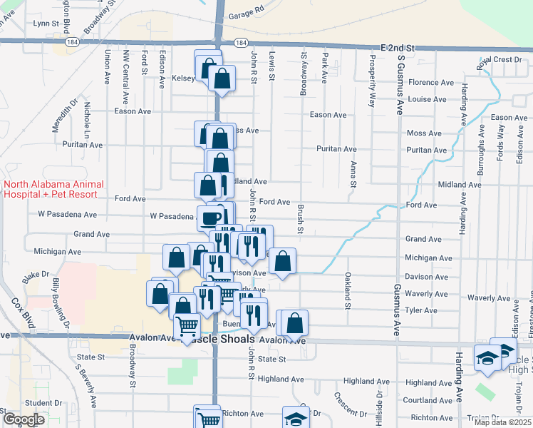 map of restaurants, bars, coffee shops, grocery stores, and more near 700-798 Pasadena Avenue in Muscle Shoals