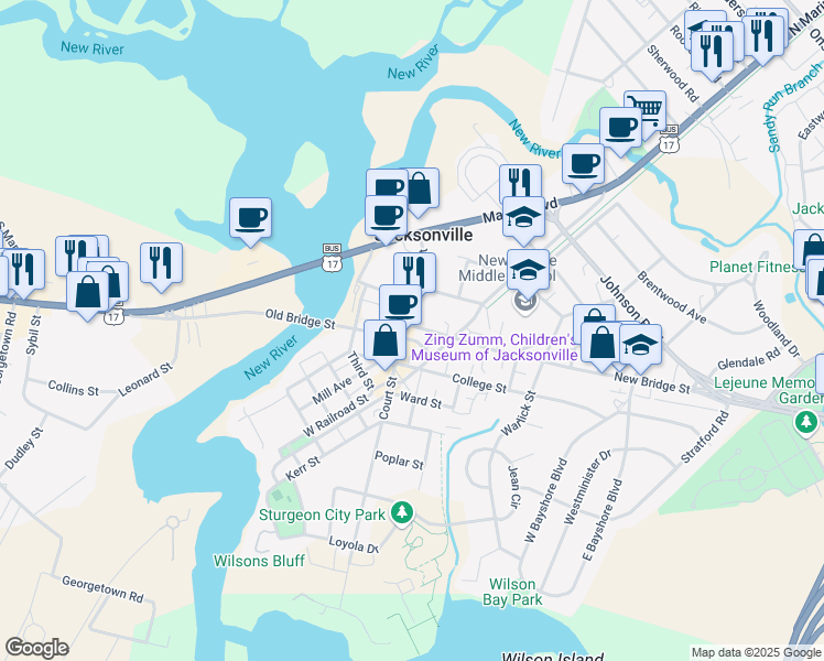 map of restaurants, bars, coffee shops, grocery stores, and more near 622 Court Street in Jacksonville