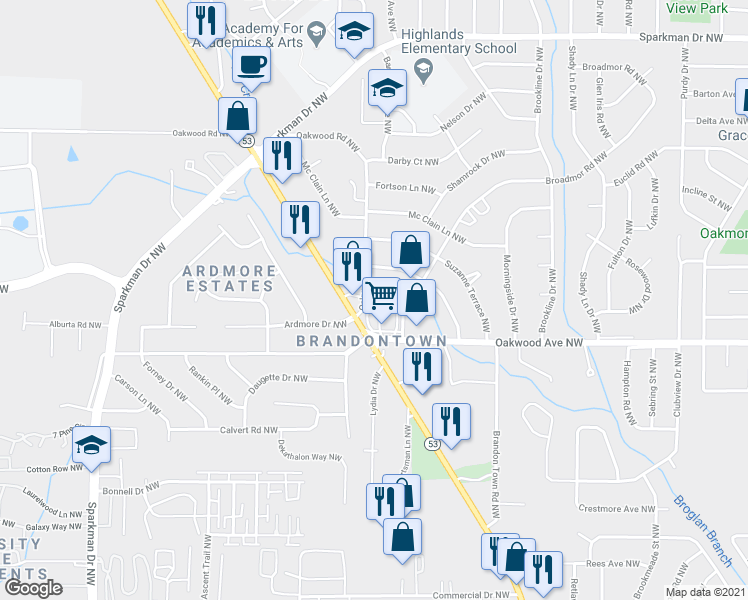 map of restaurants, bars, coffee shops, grocery stores, and more near 4210 Oakwood Avenue Northwest in Huntsville